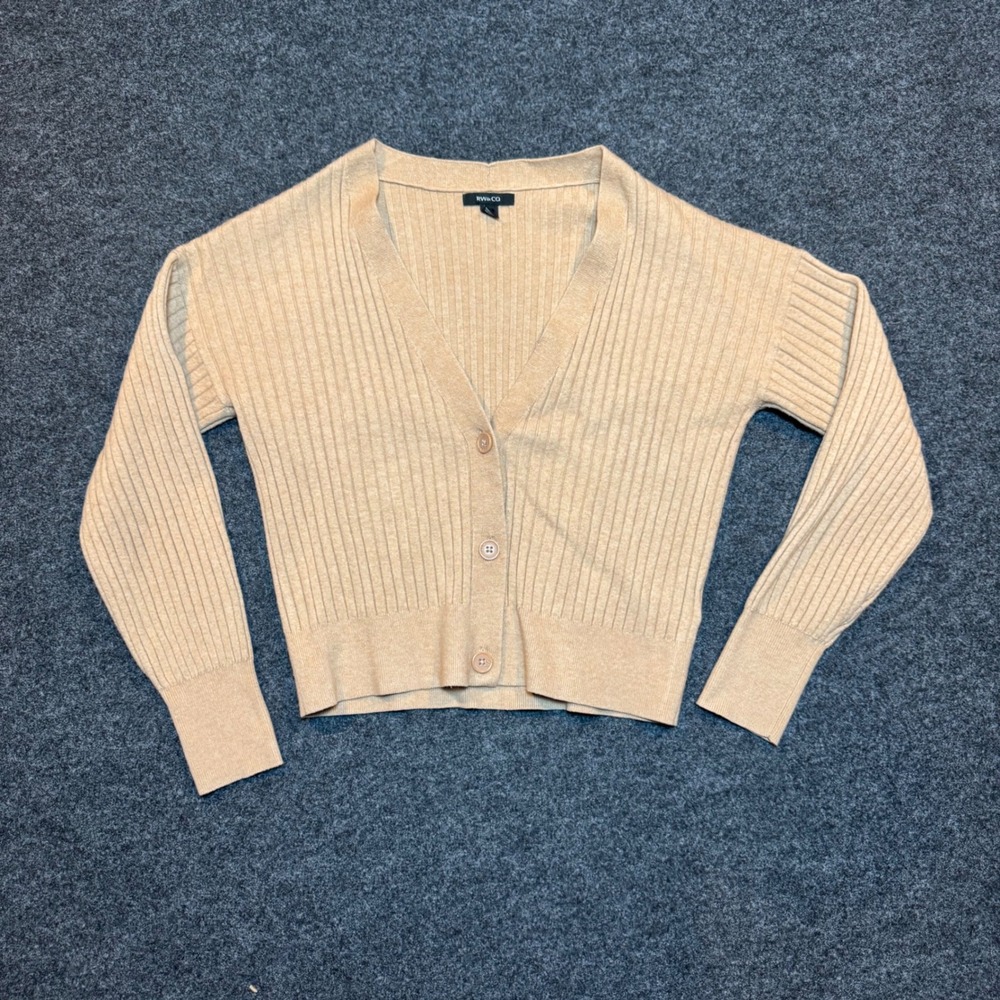RW&CO Tan Beige Ribbed V-Neck Button Front Cropped Cardigan Sweater Medium